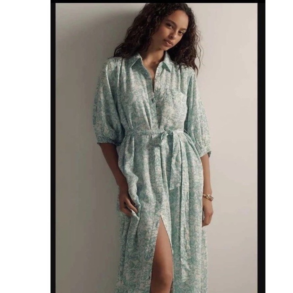 Anthropologie Maeve Irene/Mona Linen Blend Shirt Dress Maxi Medium Costal Chic
